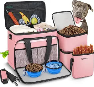 6 Set Dog Travel Bag, Large Pet Supplies for Dogs, Includes 2 Collapsible Dog Bowls, 2 Food Containers, 1 Treat Pouch with Pet Travel Bag, Pink