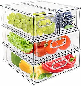 4Pack Stackable Refrigerator Organizer Bins Pull Out Drawer Large Vegetable Fruit Storage for Fridge Organizer Drawers with Handle Clear Food Storage Container Box for Kitchen Pantry Cabinet