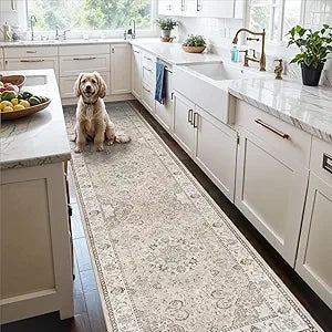 Hallway Washable Runner Rug - 2'6x12 Kitchen Rugs Entryway Rug Runner Vintage Soft Floor Mat Non Slip Indoor Farmhouse Carpet for Bathroom Living Room Bedroom (2'6''x12', Beige)