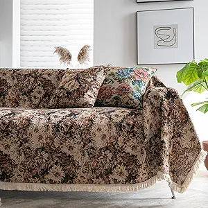 vctops Vintage Jacquard Sofa Covers for Sectional Sofa Floral Pattern Fringe Couch Cover for Dogs Loveseat Covers Futon Cover L Shaped Cover Washable Couch Protector (Coffee Floral,71"x102")