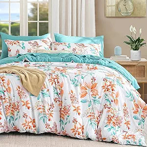 Cottolester King Comforter Set- 7 Pieces Floral Comforter Bed in A Bag,Coral Botanical Comforter Set with Pillowcases,Soft Microfiber Complete Bedding Sets for All Season