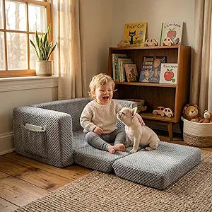 TinyPalsa Foldable Toddler Couch with Soft Sherpa Cover, 2-in-1 Comfy Toddler Sofa & Lounger for 3+ Years Old Girls Boys, Kids Chair with Pockets & Handle for Reading, Playroom (Grey)
