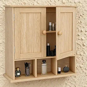 TaoHFE Natural Wooden Color Bathroom Wall Cabinet with 2 Door Adjustable Shelves,Over The Toilet Storage Wall Mounted Medicine Cabinets for Bathroom Laundry Room Kitchen
