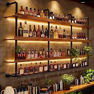 31.4in Wall Mounted Wine Rack with LED Lights, 4-Tier Industrial Wood Floating Shelves, Metal Wine Glass Rack, Liquor Shelf Storage Organizer for Home Bar, Dining Room, Kitchen, Bar