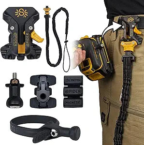 Spider Pro Tool Holster + Fall Prevention Tool Tether + 1 Pro Grip + 1 Drill Pin + 1 Adhesive Tab - Upgraded, Belt Mounted, Self Locking Holder System for Any Device
