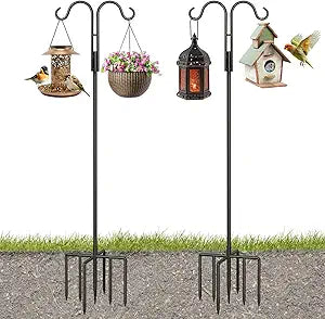 joyhalo Double Shepherds Hooks for Outdoor, 2 Pack 92 Inch Heavy Duty Poles with 5 Prong Base, for Hanging Bird Feeders & Nests, Flower Baskets, Lanterns