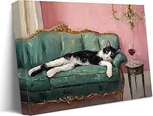 CCZ Framed Tuxedo Cat With Red Wine Canvas Wall Art Quirky Whimsical Cocktail Bar Cart Painting Picture Wall Decor Eclectic Bar Decor Poster Print Artwork for Bar Kitchen Dining Room Bedroom