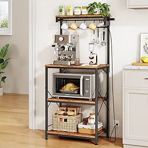 SNTD Bakers Rack with Power Outlet, Kitchen Shelves Microwave Stand with Wire Grid and 10 Hooks, 4 Tiers Coffee Stand (Rustic Brown, 21.7 x 14.2 x 49.6 Inches)