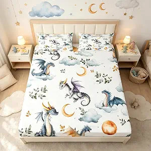 Homewish Western Dragon Fitted Sheet Twin Size,Cute Flying Dragon Bedding Sets 2Pcs,Star Moon Leaves Bed Sheet for Kids Teens Girls Boys Room Decor,Wild Animals Plant Deep Pocket Sheet,1 Pillowcase