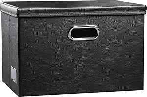 PRANDOM Large Collapsible Storage Bin with Lid [1-Pack] Leather Fabric Foldable Storage Box Organizer Containes Basket Cube with Cover for Home Bedroom Closet Office Nursery Black (17.7x11.8x11.8)
