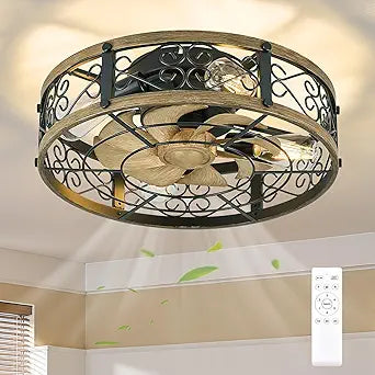 19" Caged Ceiling Fan with Light, Flush Mount Fandelier Farmhouse Style, Low Profile Ceiling Fan with Remote, 6 Speeds and Reversible for Bedroom, Kitchen, Dining Room, Black