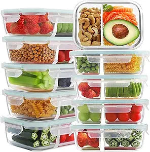 Bayco 10 Pack Glass Meal Prep Containers 2 Compartment, Glass Food Storage Containers with Lids, Airtight Lunch Bento Boxes, Leak Proof (10 lids & 10 Containers)