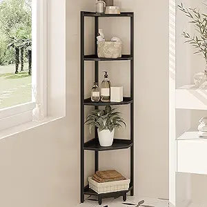 Hzuaneri Corner Shelf Stand, Corner Bookshelf, Storage Standing Shelf Unit with Metal Frame, Plant Stand, Bookcase for Living Room, Home Office, Bedroom, 5-Tier Black CS05906B