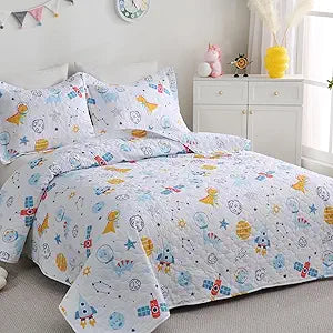 Cute Dinosaur Space Rocket Quilt Set for Boys Full Size Kids Bedding Sets Lightweight Summer Bedspread Soft Microfiber Breathable Bed Comforter All-Season