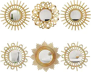 Namalu 6 Pcs Sunburst Round Mirror for Wall Decor, Elegant, Gold