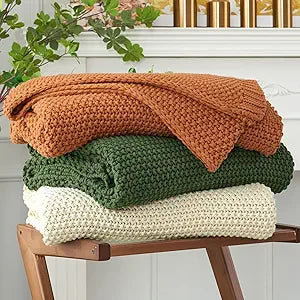 Chunky Cable Knit Throw Blanket Lightweight Cream 100% Organic Cotton Blanket for Sofa Couch Bed Baby Nursery, Rustic Shabby Chic Modern Farmhouse, 51 x 63 Give Laundering Bag