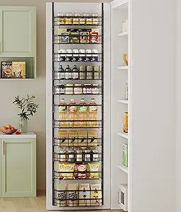 Apinol Over The Door Pantry Organizer, 8-Tier Pantry Door Organization and Storage with Adjustable Basket, Metal Hanging Spice Rack shelves, Kitchen Essentials, Laundry Room Organization, Black