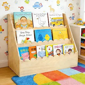 3-Tier Wooden Kids Bookshelf with Deep Storage Pockets | Montessori Bookcase for Toddlers,Nursery&Bedroom | Kids Book Storage & Toy Organizer for Children's Room Classroom Shelves (Large)