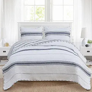 Market & Place Navy Striped Quilt Set Twin Size | Ultra Soft Lightweight Microfiber Bedspread | 2 Piece Reversible Coverlet Set for All Season | Maeve Collection (Twin, Navy)