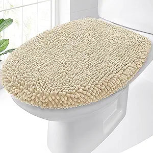 OLANLY Soft Chenille Bathroom Toilet Lid Cover, Machine Washable Seat Covers, 17.5x15, Stays in Place Rubber Backing, Fits Most Round, Elongated and Oblong Lids, Accessories Decor, Beige