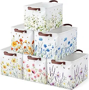 Fourluoo 6 Pack Floral Storage Basket with Handles Clothes Storage Basket Bin Foldable Box Bins Organizer for Closet Shelf Nursery Kid Room Book Toy Chest