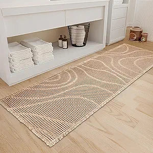 ZALL Tan Waffle Bath Mat Wavy,Super Absorbent Non Slip Bathroom Rug, Brown 24x72inch, Machine Washable Ultra Soft Floor Mats