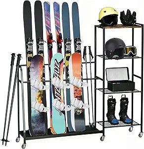 Multi-Functional Freestanding Ski Storage Rack for Garage, Metal Ski Storage Holder with Wheels, Space-Saving Freestanding Snowboard Rack Fits 4 Pair Ski, Snowboard, Boot, Pole, Goggles, Helmet...