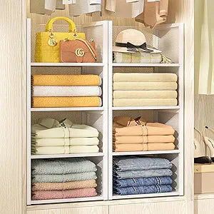 4-Tier Stackable Closet Organizers and Storage Basket, Wire Clothes Shelf Organizer Bins, Sweater Storage for Wardrobe Cupboard, Multifunctional Cube Storage Box for Kitchen Bath Laundry Room, White
