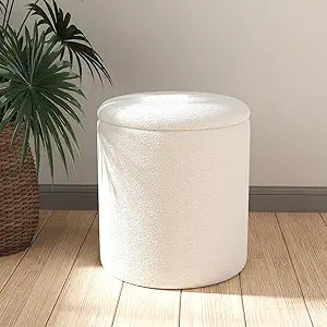 Cmishe Ottoman Poufs with Storage, 14" H Soft Teddy Fleece Upholstered Vanity Stool,Multifunctional Ottomans Wood Tray Lid Coffee Table Padded Seat Foot Rest for Living(White)
