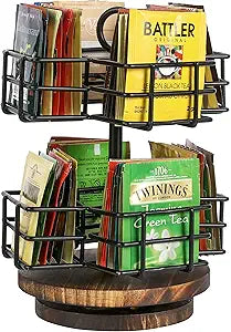 MyGift 8 Compartment Tea Bag Organizer Carousel, Black Metal Wire Packet Holder and 360 Degree Spinning Burnt Solid Wood Base, Coffee Station Storage Caddy