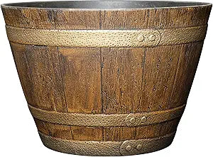 Classic Home & Garden by Growscape Whiskey Barrel Planters, Wooden Finish Flower Planter Pot, Decorative Garden Pots, Indoor Outdoor Resin Planters, Weather-Resistant Plant Pot (15 Oak Brown, 1-Pack)