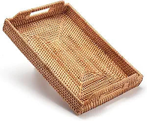 Rattan Serving Tray with Handles, Rectangular Wicker Basket Tray, Hand Woven Flat Basket for Coffee Table Dinning Room Bathroom (17 x 11.4 x 1.8 inch)