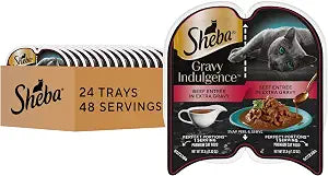 Sheba Gravy Indulgence Adult Wet Cat Food, Wet Food for Cats Beef Entree in Extra Gravy, 2.6 oz. Twin-Pack Trays (24 Count, 48 Servings)