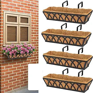 36IN Window Box Railing with Adjustable Brackets, Hanging Flower Planter Basket with Coco Liner for Outdoor Balcony Porch Fence Patio (Black - Set 4)