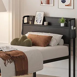 Maenizi 16 Inch Twin XL Bed Frames with Headboard, Metal Bed Frame Twin XL Storage Wood Headboard No Box Spring Needed, Noise Free, Black