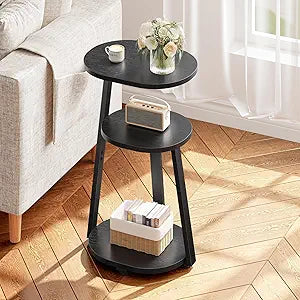 Kalrin Side Table, Small End Table with Metal Frame, 3-Tier Bedside Tables, Round Side Tables for Living Room Bedroom Couch Bathroom, Oval, Pure Black