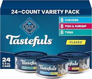Blue Buffalo Tastefuls Flaked Adult Wet Cat Food Variety Pack (Tuna, Chicken, Fish & Shrimp), Natural Ingredients Enhanced with Vitamins, Minerals & Other Nutrients, 5.5-oz. Each (24 Cans)