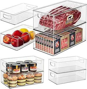 Hudgan 8 Pack Pantry Organizer and Storage, 2 Extra Large Stackable Freezer Organizer Bin, 3 Large Clear Storage Bin and 3 Medium Plastic Container for Home Edit, Kitchen Cabinet, Bathroom Shelf