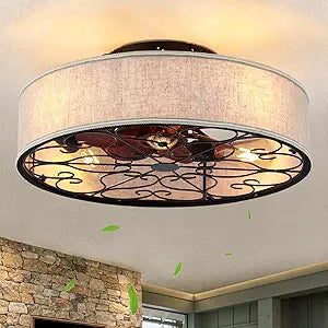 20 Inch Caged Ceiling Fans with Lights Flush Mount,Low Profile Fabric Farmhouse Bladeless Ceiling Fan with Remote, Farmhouse White Ceiling Fan for Bedroom,6 Speeds Reversible Silent Fandalier