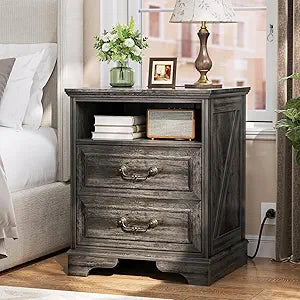 Unikito Farmhouse Nightstand with Charging Station, Bedside Table with 2 Large Drawers & Vintage Handles, Side Table with Open Storage for Bedroom (Gray Oak)
