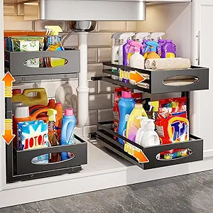mixeshop Under Sink Organizer, 2 Tier Under Sink Organizers and Storage, Adjustable Height, Slide out Metal Cabinet Organizers, Pull out Cabinet Storage Drawer Shelf for Kitchen Bathroom (Black, 2)