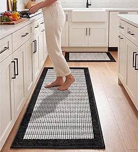eqivei Kitchen Rugs, Non Slip Washable Kitchen Mat Set of 2, 47"x20"+31"x20", Absorbent Runner Rugs with Rubber Backing for Front of Sink, Kitchen Floor, Laundry Room (Black)