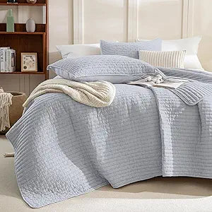 Sanracie Stonewashed Cotton Coverlet Queen Size(90"x98"), Ultra Soft Cornflower Blue Crinkle Quilt Bedding Set 3Pcs Cross Stitch Pattern Lightweight Breathable Bedspread Set for All Season