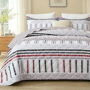 Cottolester Striped Quilts Queen Size, 3 Pieces Bedding Set, Black Red