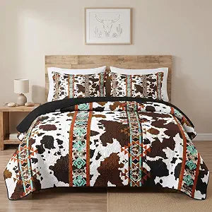 Pamnest Quilt Set Full/Queen Size, Cow Brown Cowhide 3 Pcs Soft Bed Cover Bedding Set for Kids and Adults, Animal Vintage Retro Lightweight Bedspread Coverlet with Pillow Sham for All Season