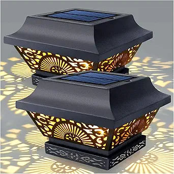 DenicMic Solar Post Lights 2 Pack Solar Post Cap Lights Outdoor Waterproof Metal 25 Lumen Warm White LED Lighting for 3.5x3.5 4x4 5x5 Wooden Fence Posts, Deck Rail, Yard, Patio, Garden (Black)