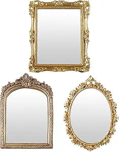 Wonderjune 3 Pcs Vintage Gold Mirror Set for Wall Decorative Resin Frame Ornate Antique Hanging and Tabletop Mirror for Home Dresser Gallery Decor Photography Props Gift (Retro Mixed Style)