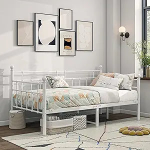 BOFENG Metal Daybed Frame Twin Size Platform Sofa Bed Day Bed with Strong Steel Slats Mattress Foundation Bedroom Furniture,Noise Free,White