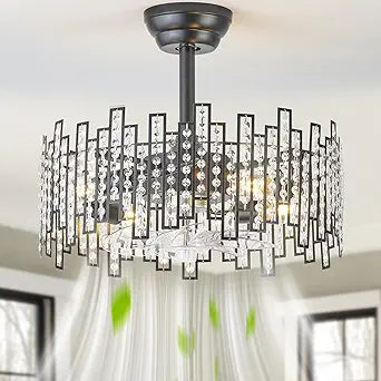 20" Black Fandelier Ceiling Fans with Lights, Bladeless Caged Ceiling Fan with Light Remote Control, Modern Crystal Enclosed with 6 Speeds for Bedroom, Living Room, Kitchen