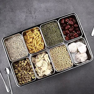 KIMISS Box Seasoning Organizer Box 8 Grids Stainless Steel Jars Container Set Rack with Lids And Spoons for Salt Snacks Flour Dry Goods Fruits